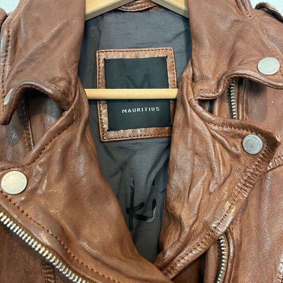 Mauritius Cognac Brown Leather Fayola RF Full Zip Moto Jacket Women's Size 6 - Picture 5 of 9